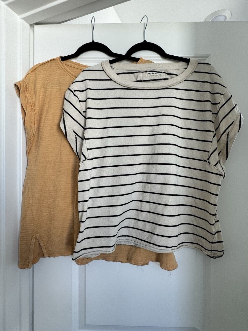 We The Free Striped Cream & Black Tee with Mustard Short-Sleeve Top